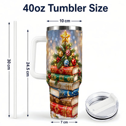 #pl[40oz|White] Jeweled Book Tree 40oz Tumbler with Handle, Holiday Stainless Steel Tumbler