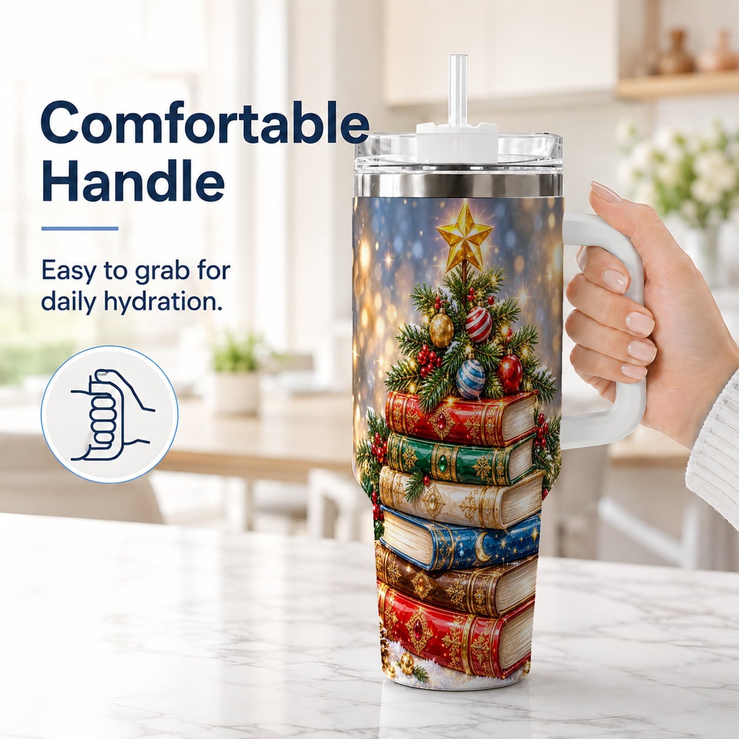#pl[40oz|White] Jeweled Book Tree 40oz Tumbler with Handle, Holiday Stainless Steel Tumbler