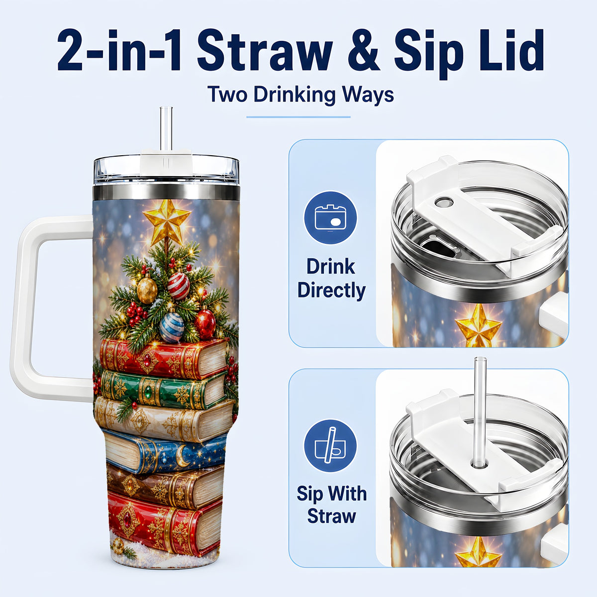 #pl[40oz|White] Jeweled Book Tree 40oz Tumbler with Handle, Holiday Stainless Steel Tumbler