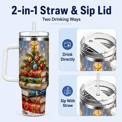 #pl[40oz|White] Jeweled Book Tree 40oz Tumbler with Handle, Holiday Stainless Steel Tumbler