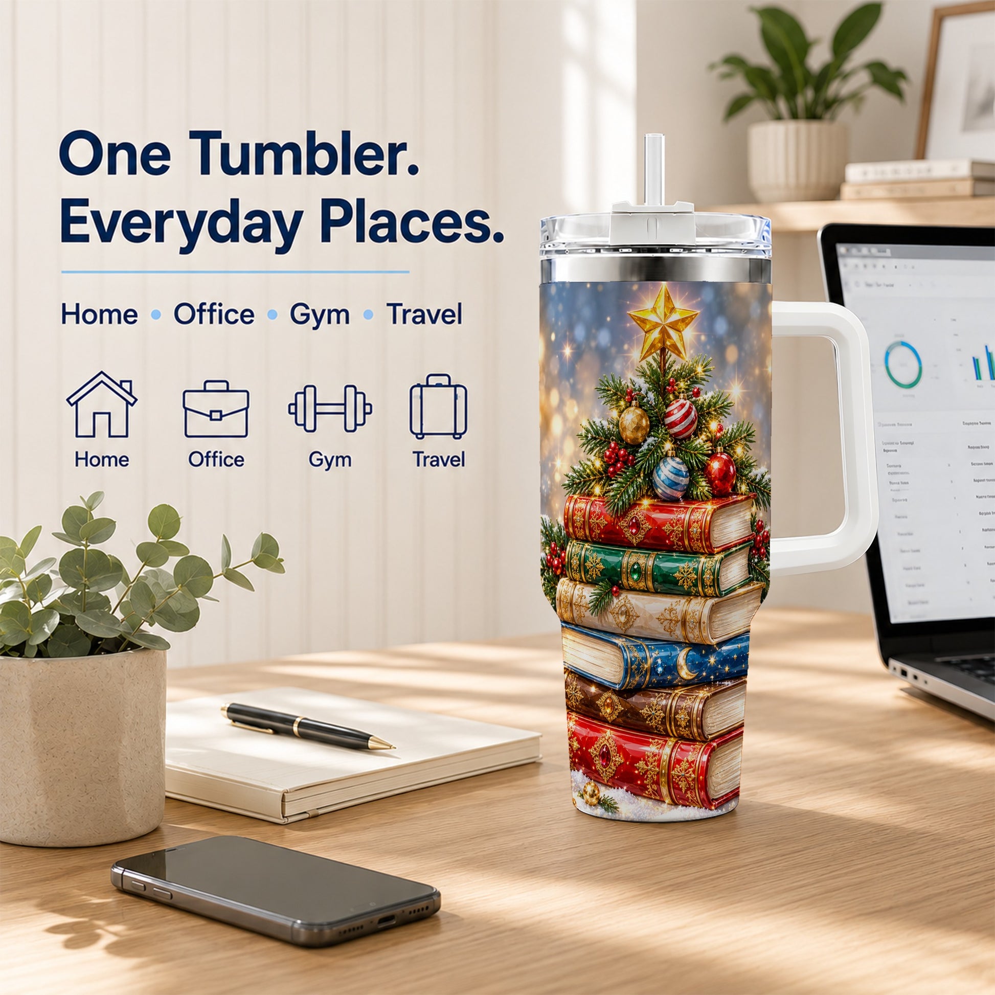 #pl[40oz|White] Jeweled Book Tree 40oz Tumbler with Handle, Holiday Stainless Steel Tumbler