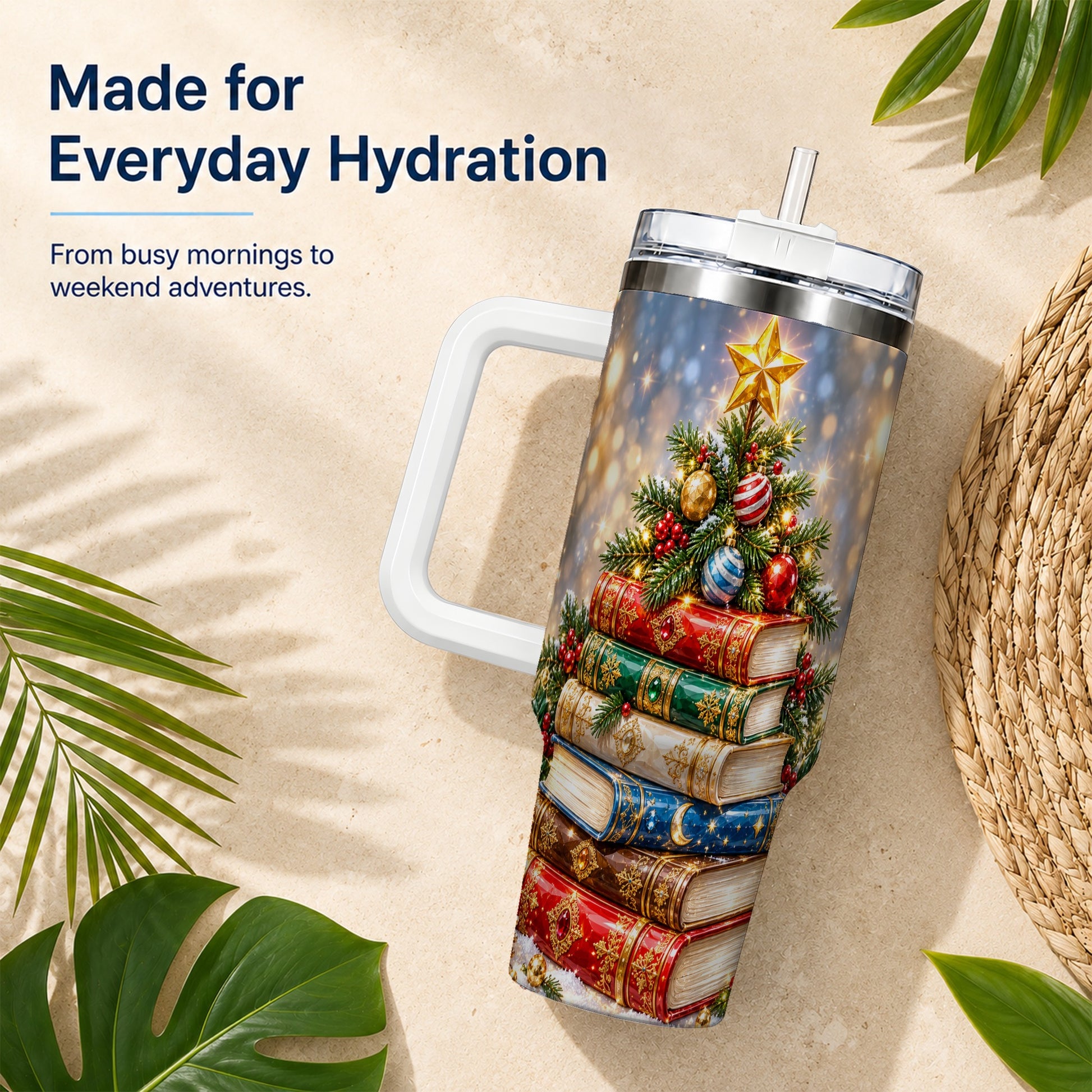 #pl[40oz|White] Jeweled Book Tree 40oz Tumbler with Handle, Holiday Stainless Steel Tumbler
