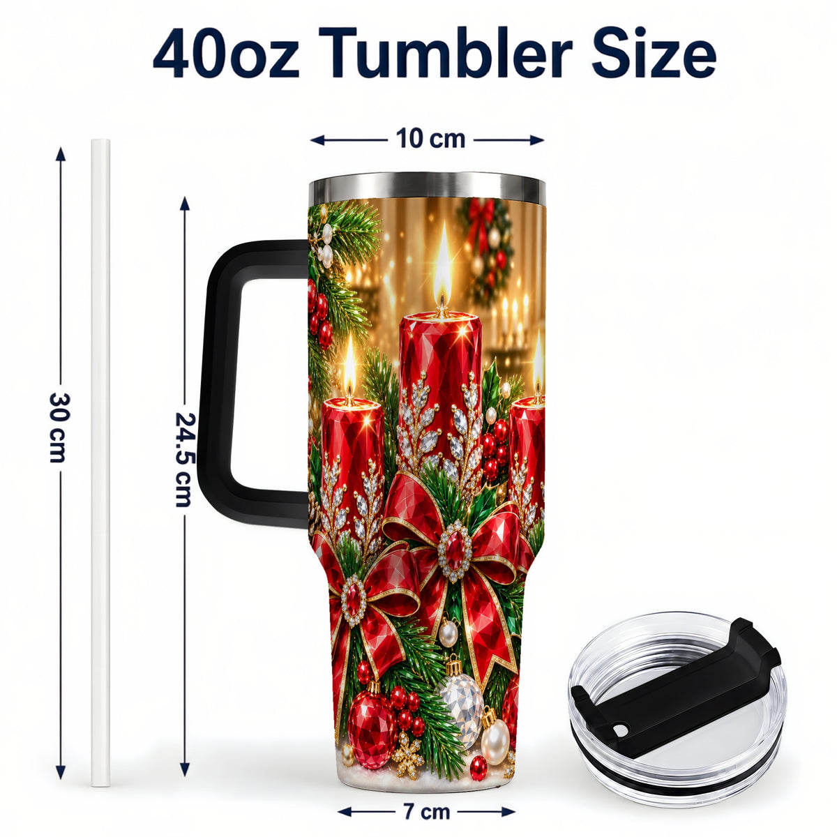 #pl[40oz|Black] Christmas Candle 40oz Tumbler with Handle, Holiday Stainless Steel Tumbler