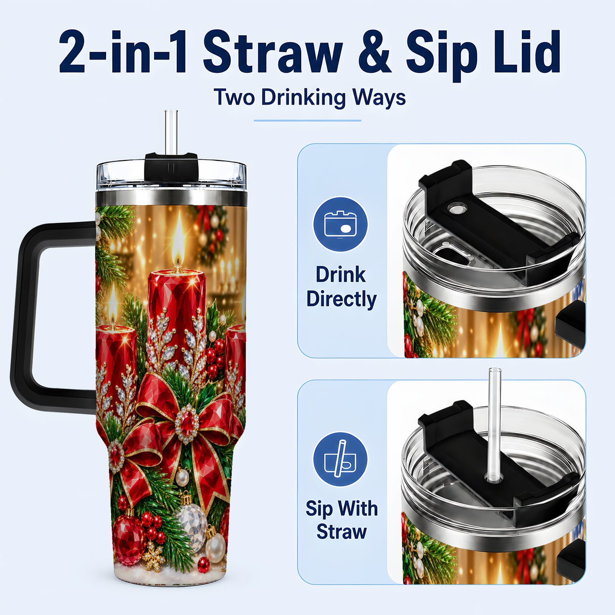 #pl[40oz|Black] Christmas Candle 40oz Tumbler with Handle, Holiday Stainless Steel Tumbler