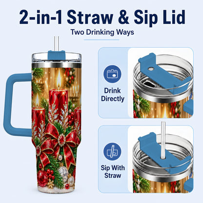 #pl[40oz|Blue] Christmas Candle 40oz Tumbler with Handle, Holiday Stainless Steel Tumbler
