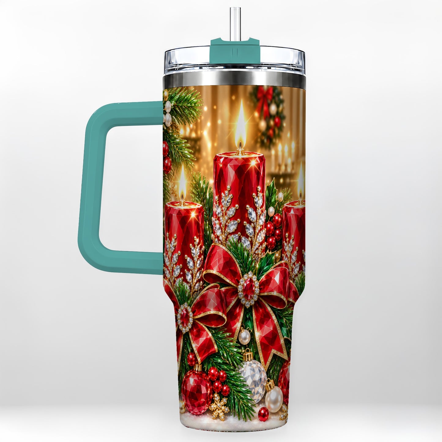#pl[40oz|Green] Christmas Candle 40oz Tumbler with Handle, Holiday Stainless Steel Tumbler