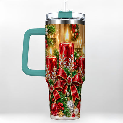 #pl[40oz|Green] Christmas Candle 40oz Tumbler with Handle, Holiday Stainless Steel Tumbler