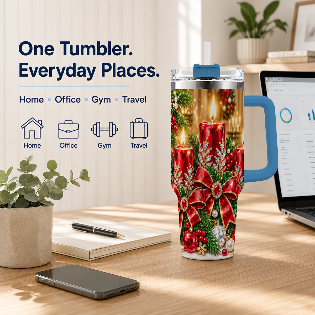 #pl[40oz|Blue] Christmas Candle 40oz Tumbler with Handle, Holiday Stainless Steel Tumbler