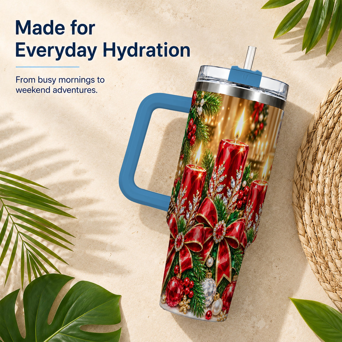 #pl[40oz|Blue] Christmas Candle 40oz Tumbler with Handle, Holiday Stainless Steel Tumbler