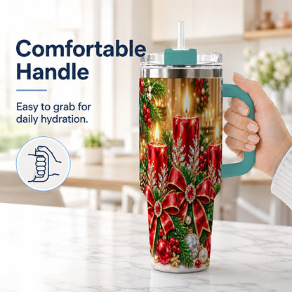 #pl[40oz|Green] Christmas Candle 40oz Tumbler with Handle, Holiday Stainless Steel Tumbler