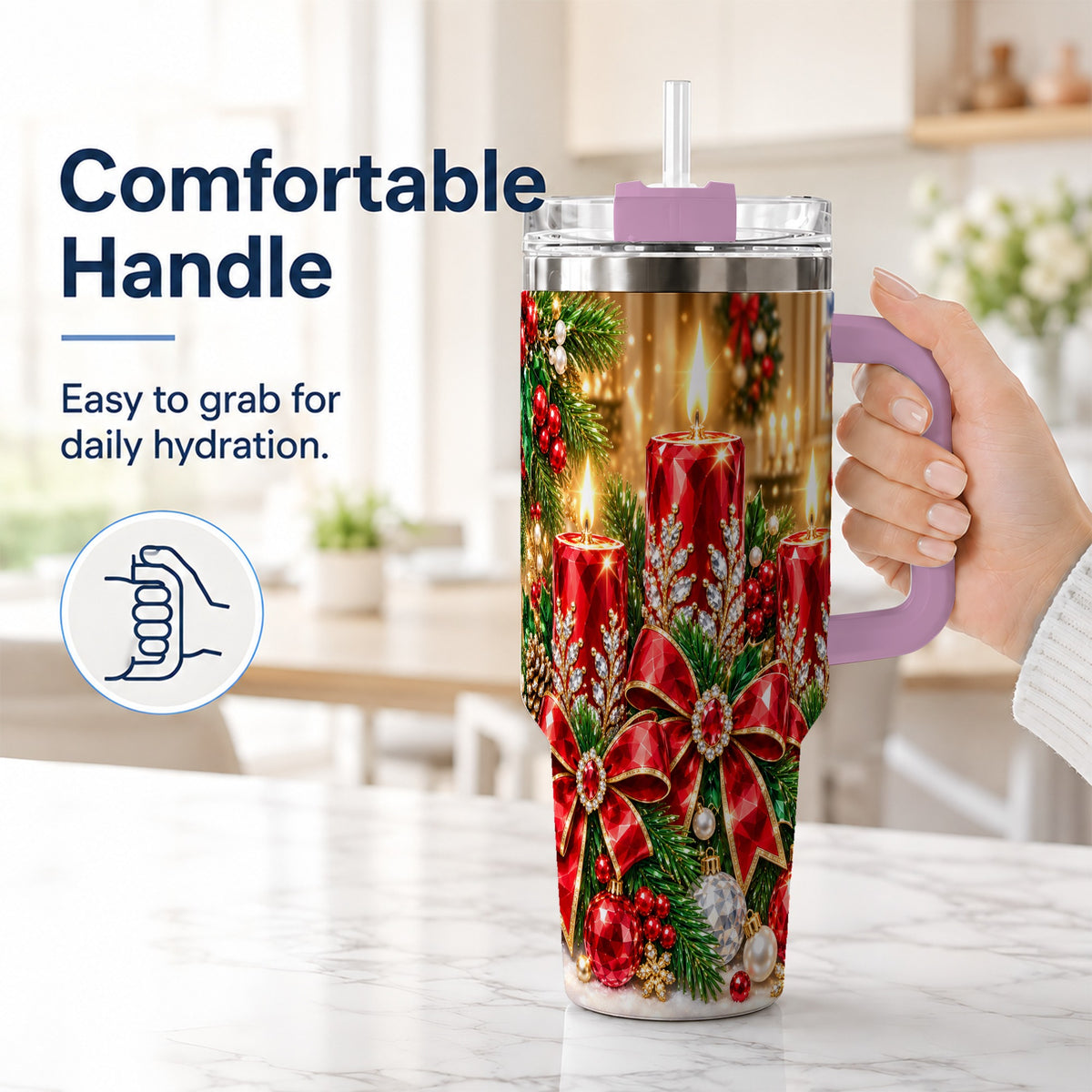 #pl[40oz|Pink] Christmas Candle 40oz Tumbler with Handle, Holiday Stainless Steel Tumbler