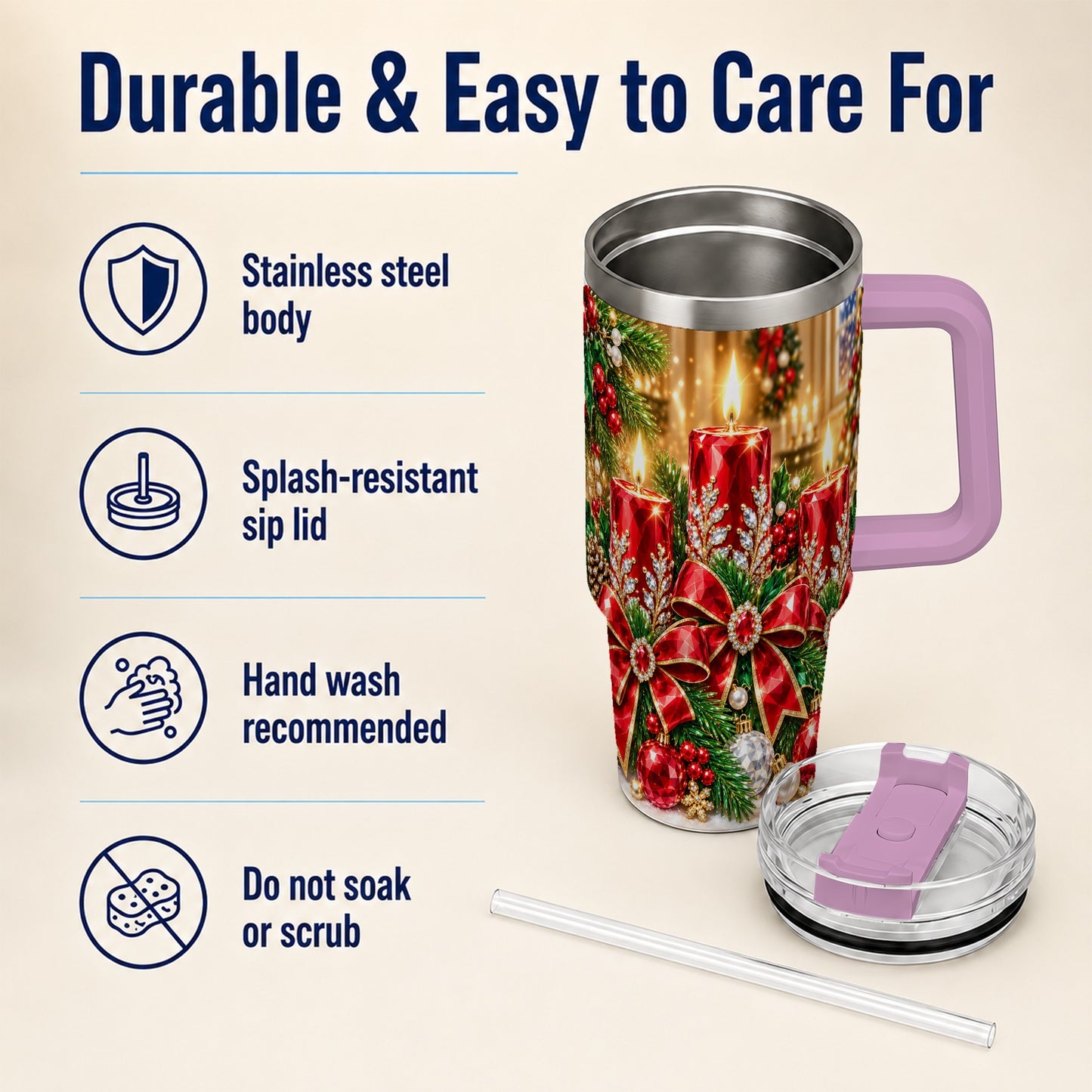 #pl[40oz|Pink] Christmas Candle 40oz Tumbler with Handle, Holiday Stainless Steel Tumbler