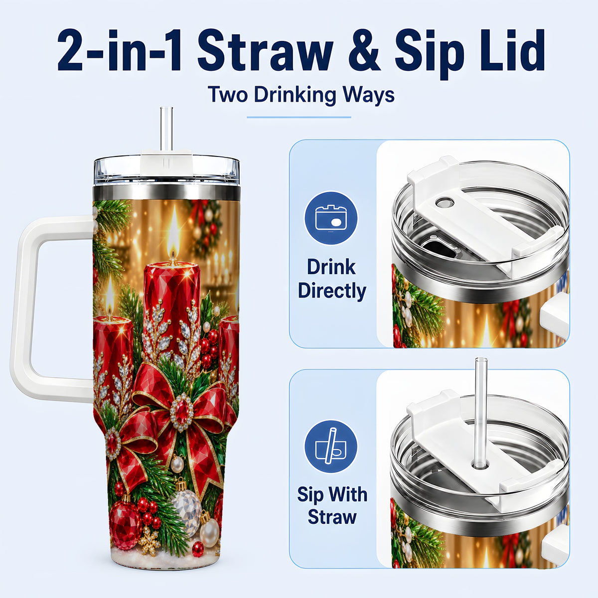 #pl[40oz|White] Christmas Candle 40oz Tumbler with Handle, Holiday Stainless Steel Tumbler