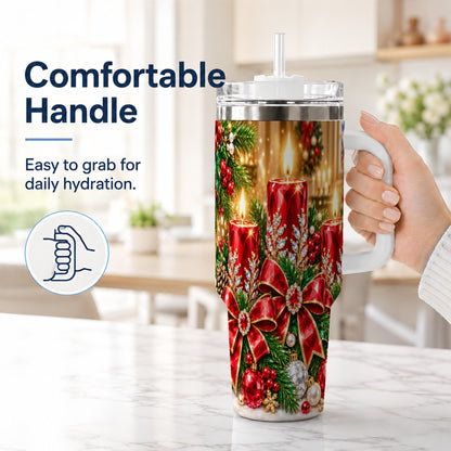 #pl[40oz|White] Christmas Candle 40oz Tumbler with Handle, Holiday Stainless Steel Tumbler