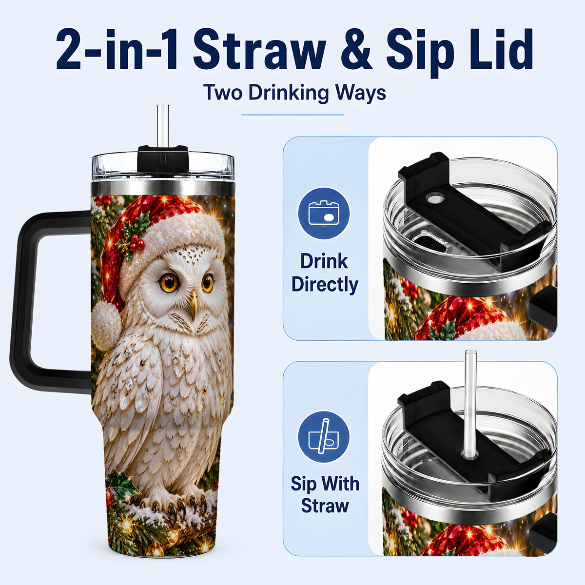 #pl[40oz|Black] Christmas Snowy Owl 40oz Tumbler, Owl Tumbler, Stainless Steel Travel Cup