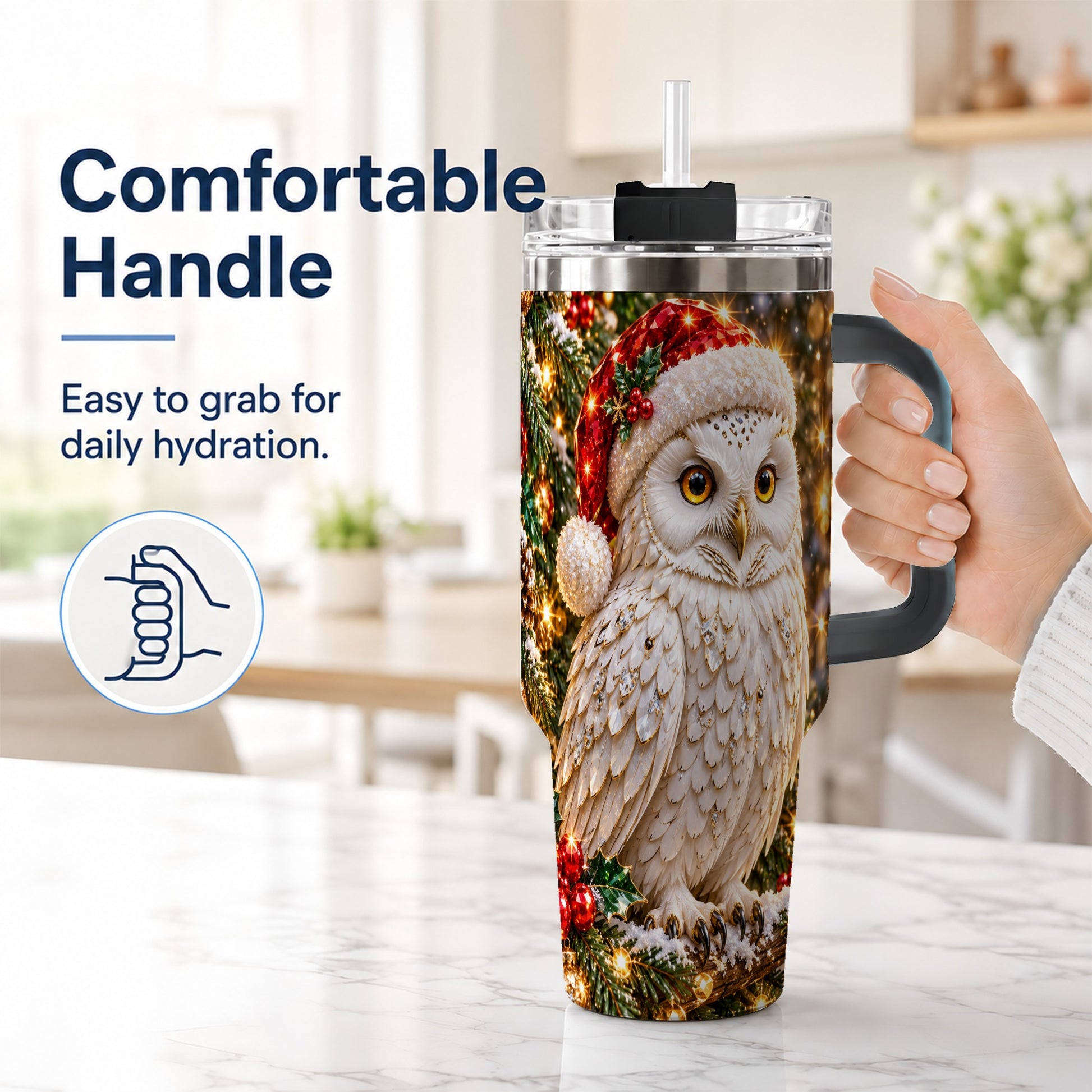 #pl[40oz|Black] Christmas Snowy Owl 40oz Tumbler, Owl Tumbler, Stainless Steel Travel Cup