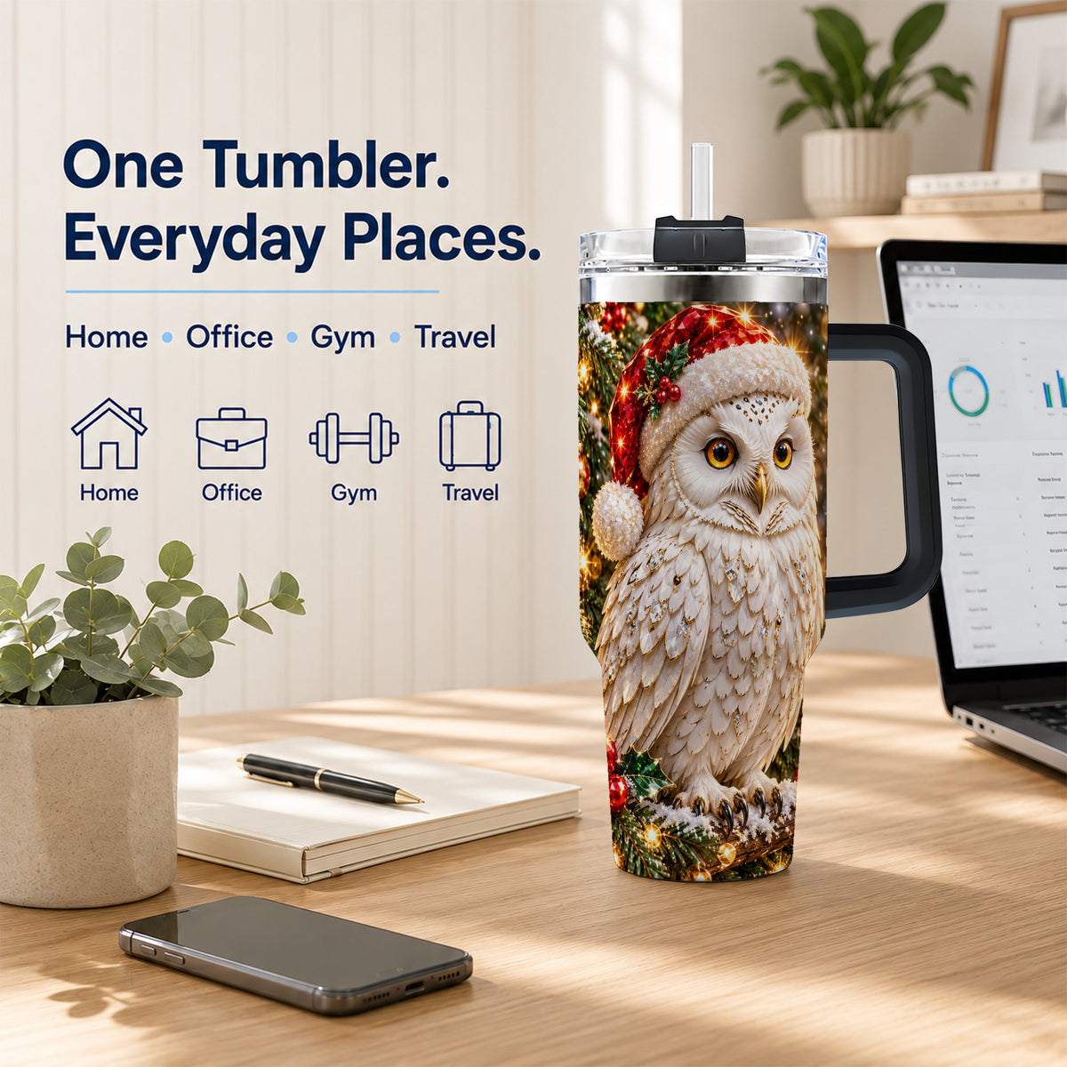 #pl[40oz|Black] Christmas Snowy Owl 40oz Tumbler, Owl Tumbler, Stainless Steel Travel Cup