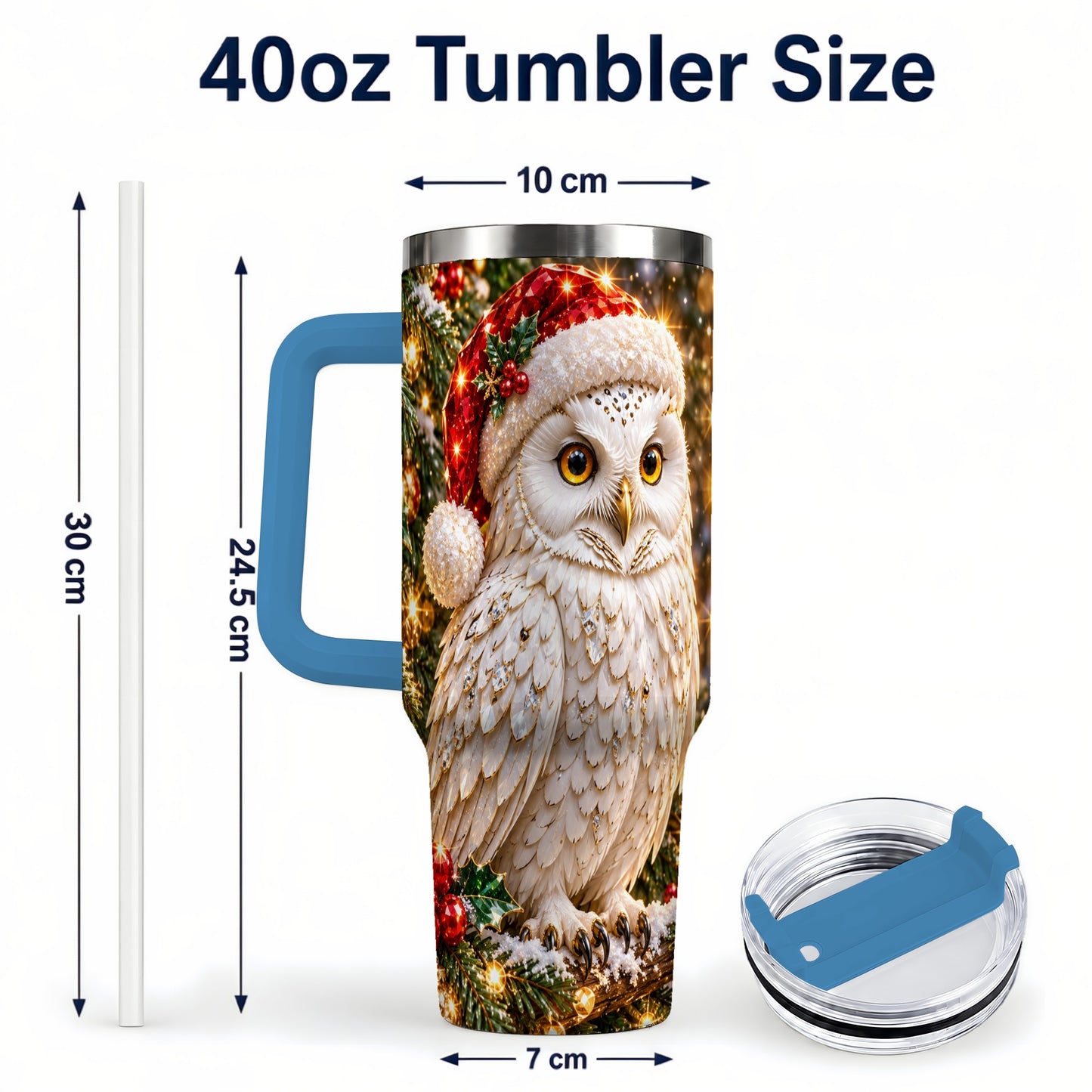 #pl[40oz|Blue] Christmas Snowy Owl 40oz Tumbler, Owl Tumbler, Stainless Steel Travel Cup