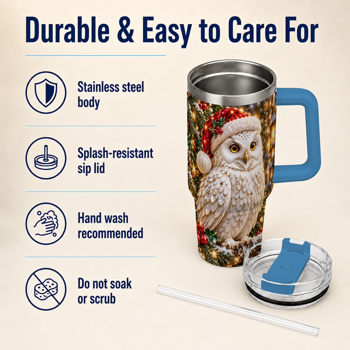 #pl[40oz|Blue] Christmas Snowy Owl 40oz Tumbler, Owl Tumbler, Stainless Steel Travel Cup