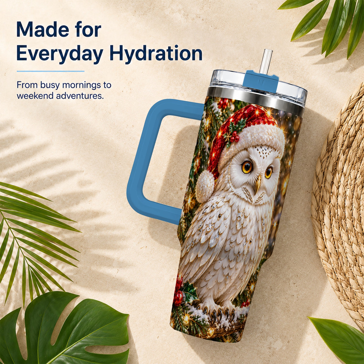 #pl[40oz|Blue] Christmas Snowy Owl 40oz Tumbler, Owl Tumbler, Stainless Steel Travel Cup