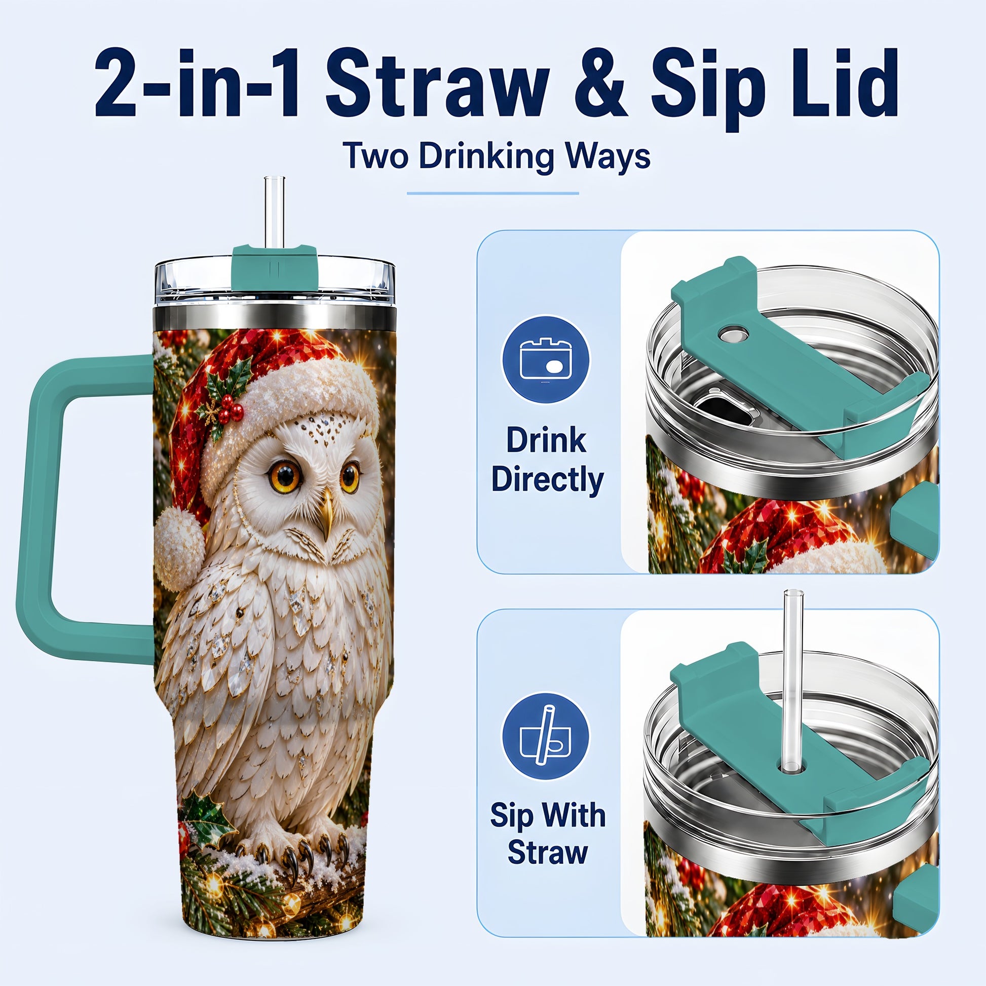 #pl[40oz|Green] Christmas Snowy Owl 40oz Tumbler, Owl Tumbler, Stainless Steel Travel Cup