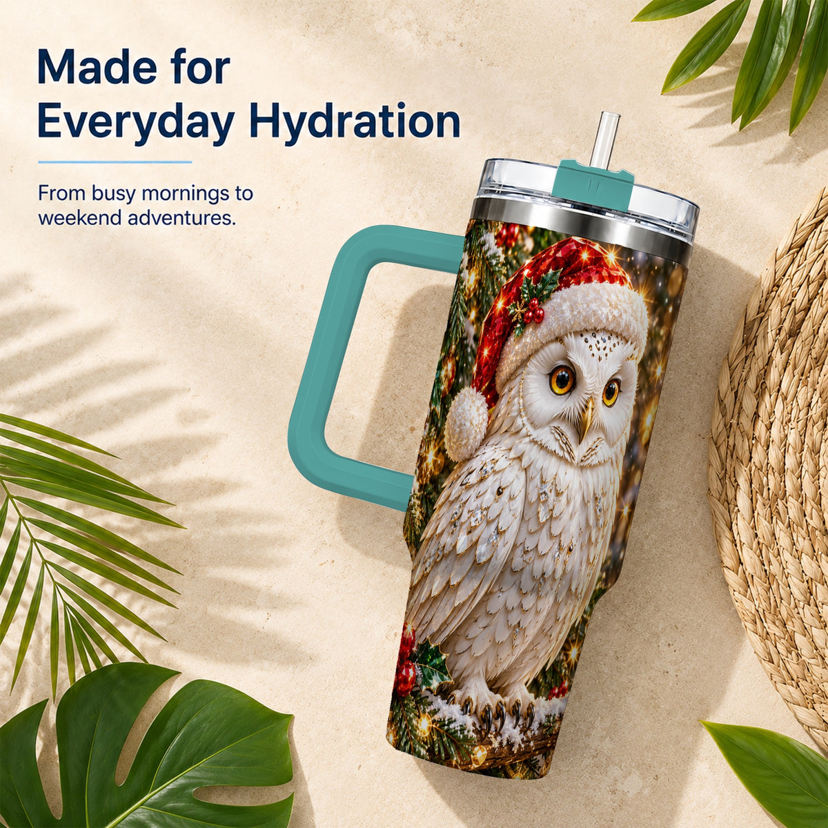 #pl[40oz|Green] Christmas Snowy Owl 40oz Tumbler, Owl Tumbler, Stainless Steel Travel Cup