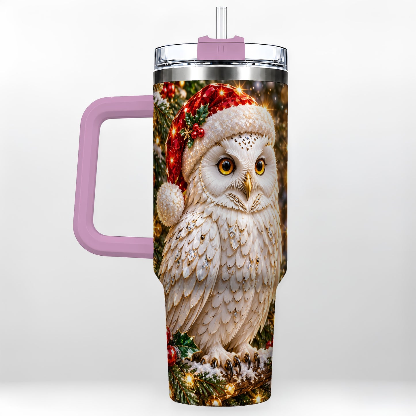 #pl[40oz|Pink] Christmas Snowy Owl 40oz Tumbler, Owl Tumbler, Stainless Steel Travel Cup