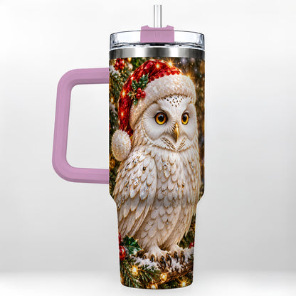 #pl[40oz|Pink] Christmas Snowy Owl 40oz Tumbler, Owl Tumbler, Stainless Steel Travel Cup