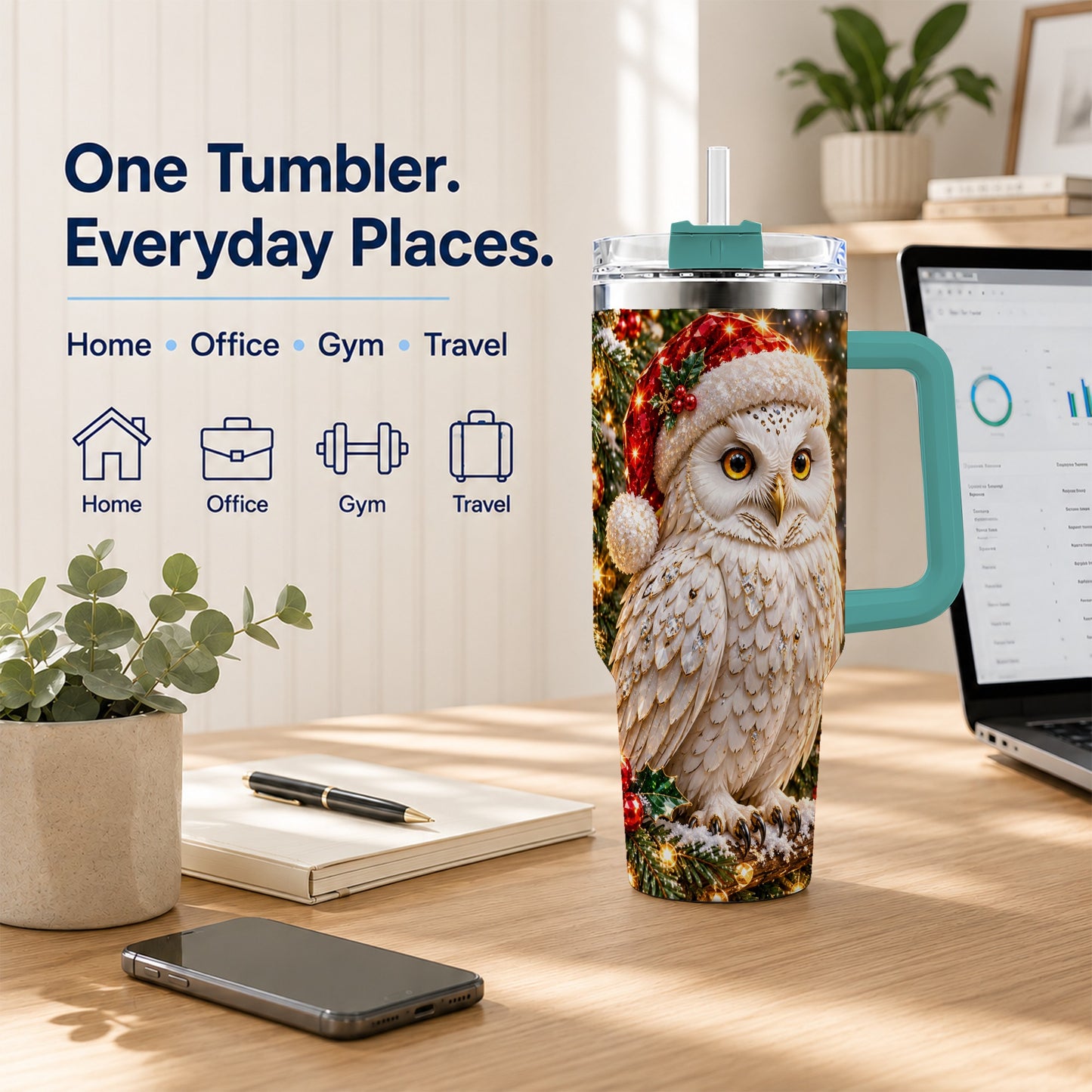 #pl[40oz|Green] Christmas Snowy Owl 40oz Tumbler, Owl Tumbler, Stainless Steel Travel Cup