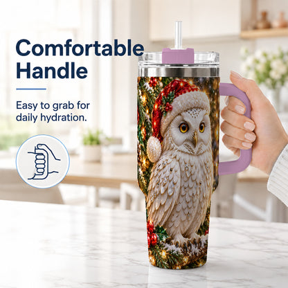 #pl[40oz|Pink] Christmas Snowy Owl 40oz Tumbler, Owl Tumbler, Stainless Steel Travel Cup