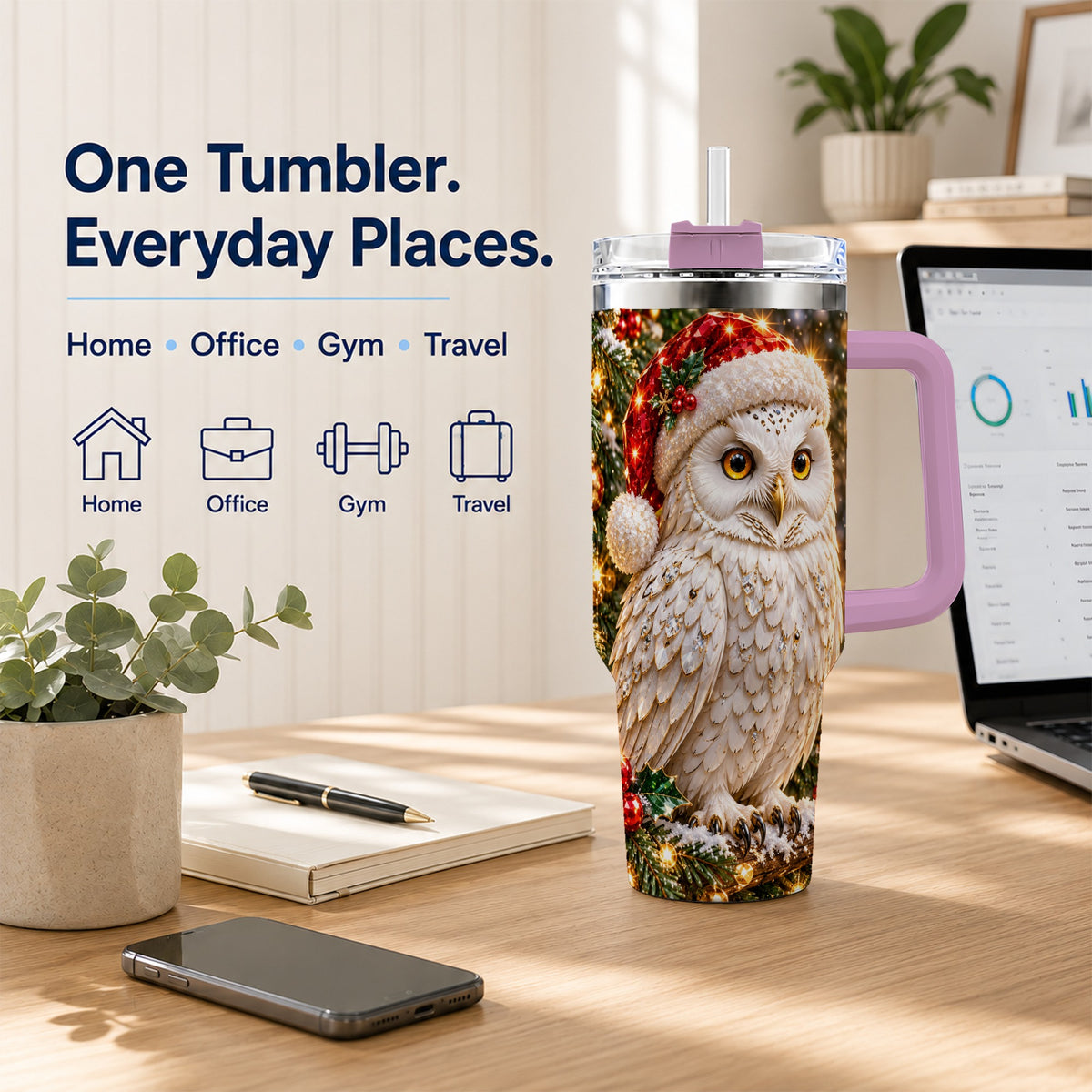 #pl[40oz|Pink] Christmas Snowy Owl 40oz Tumbler, Owl Tumbler, Stainless Steel Travel Cup