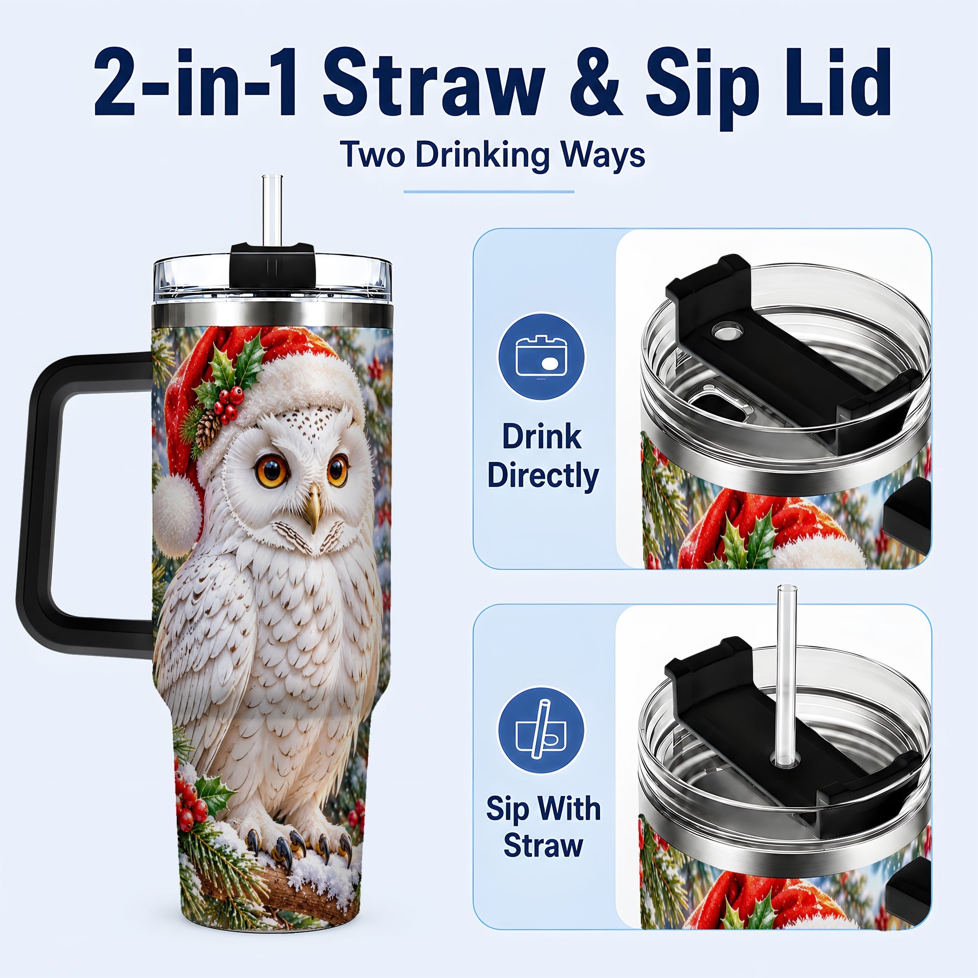 #pl[40oz|Black] Snowy Village Owl 40oz Tumbler, Winter Tumbler, Stainless Steel Travel Cup