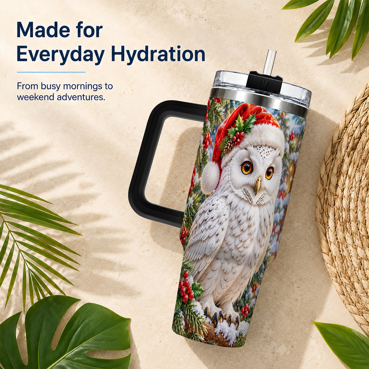#pl[40oz|Black] Snowy Village Owl 40oz Tumbler, Winter Tumbler, Stainless Steel Travel Cup