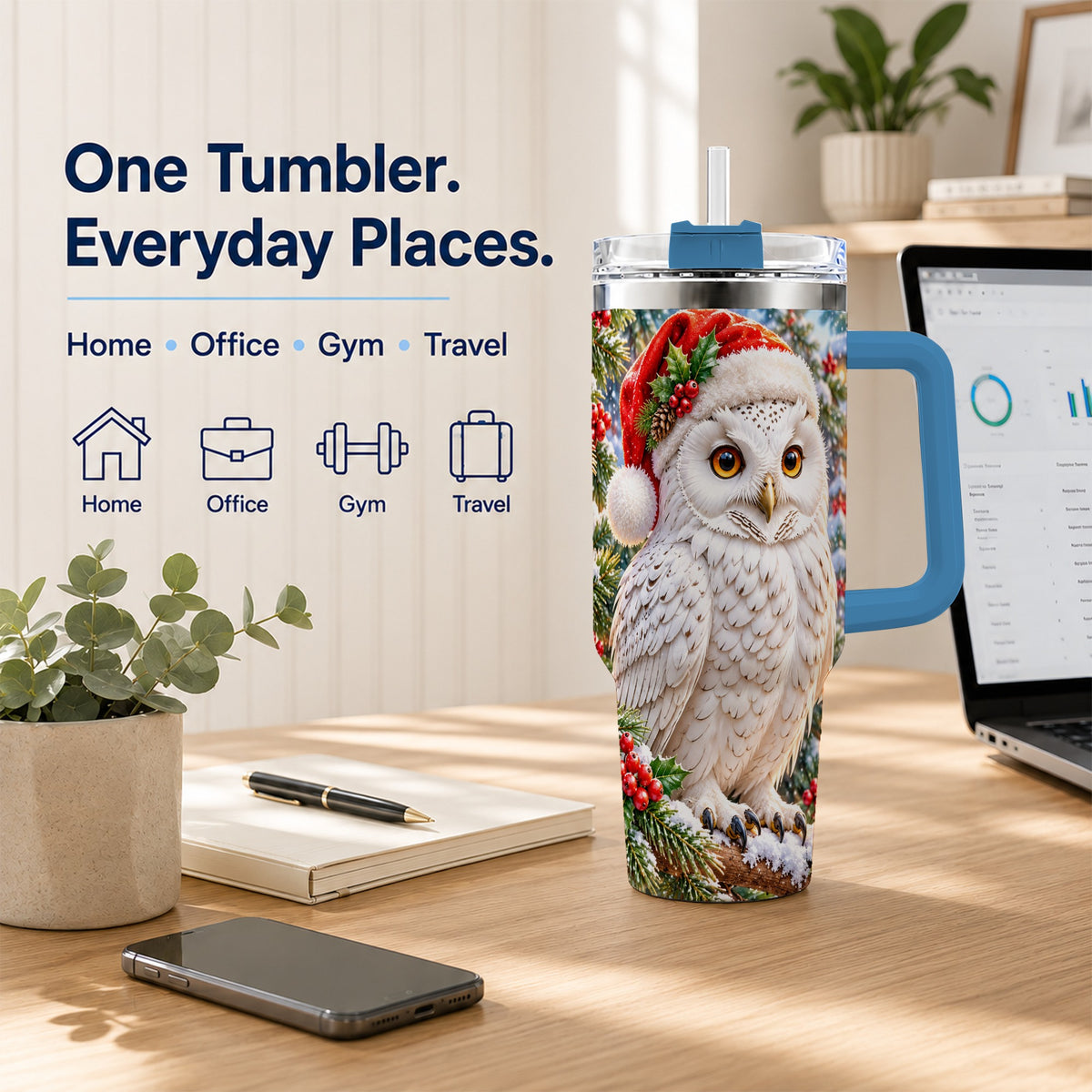 #pl[40oz|Blue] Snowy Village Owl 40oz Tumbler, Winter Tumbler, Stainless Steel Travel Cup