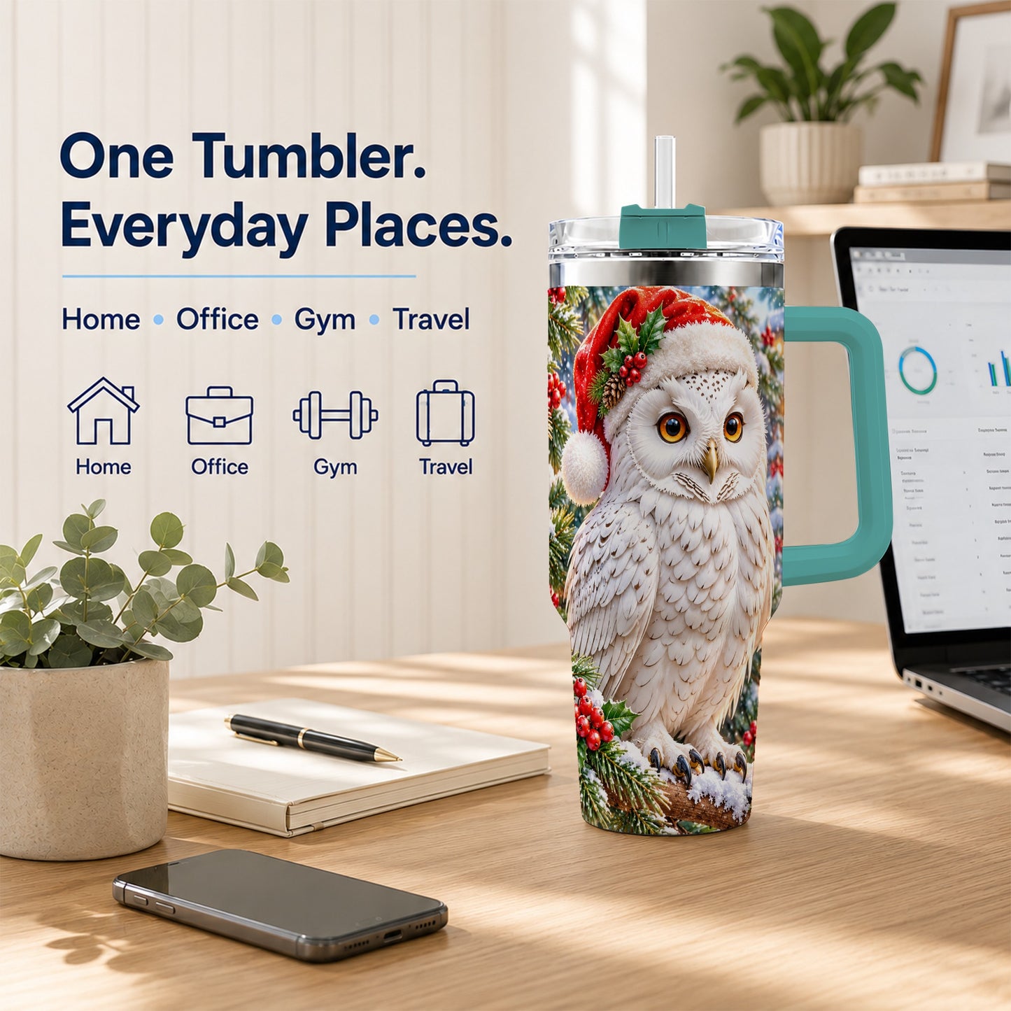 #pl[40oz|Green] Snowy Village Owl 40oz Tumbler, Winter Tumbler, Stainless Steel Travel Cup