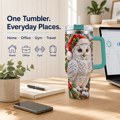 #pl[40oz|Green] Snowy Village Owl 40oz Tumbler, Winter Tumbler, Stainless Steel Travel Cup
