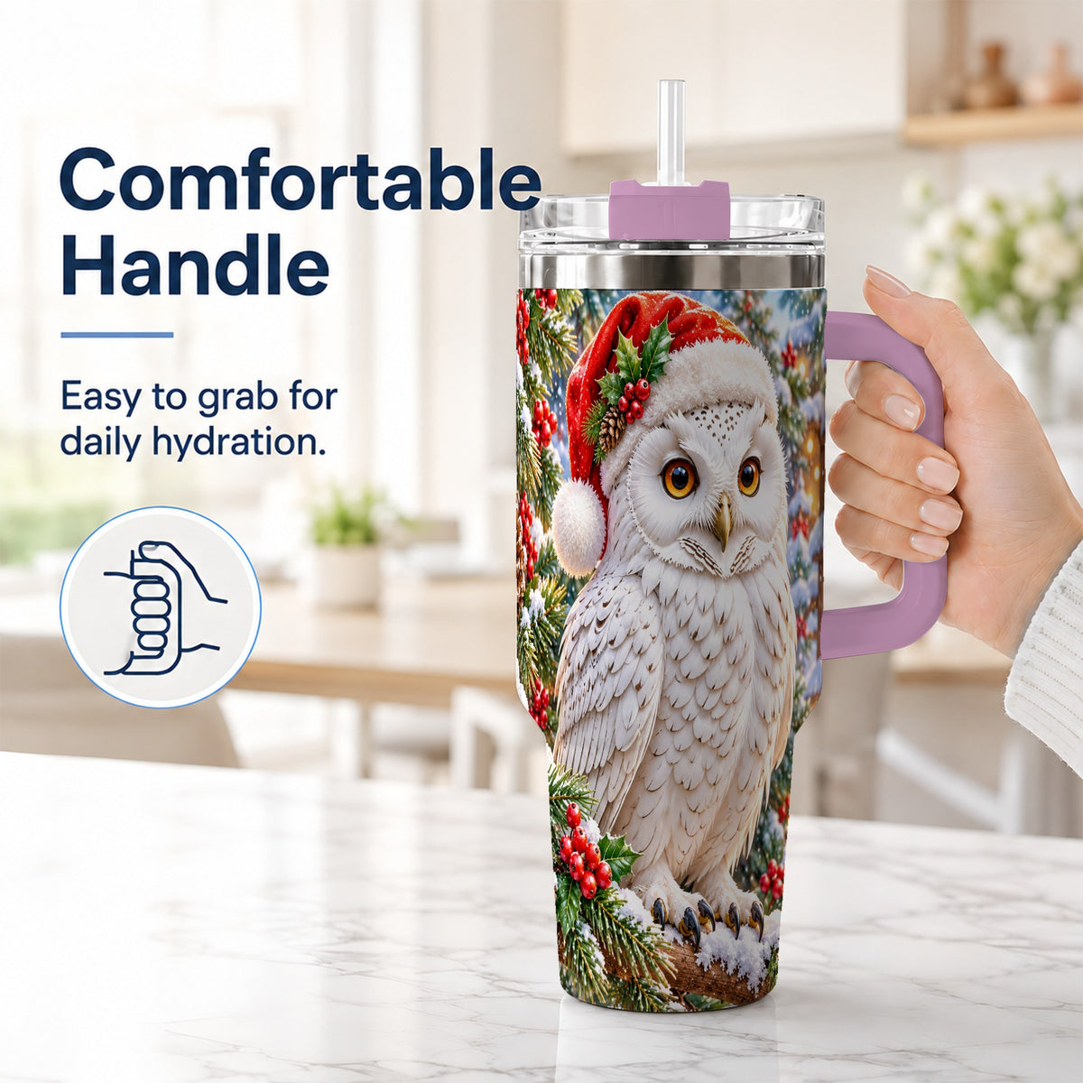 #pl[40oz|Pink] Snowy Village Owl 40oz Tumbler, Winter Tumbler, Stainless Steel Travel Cup