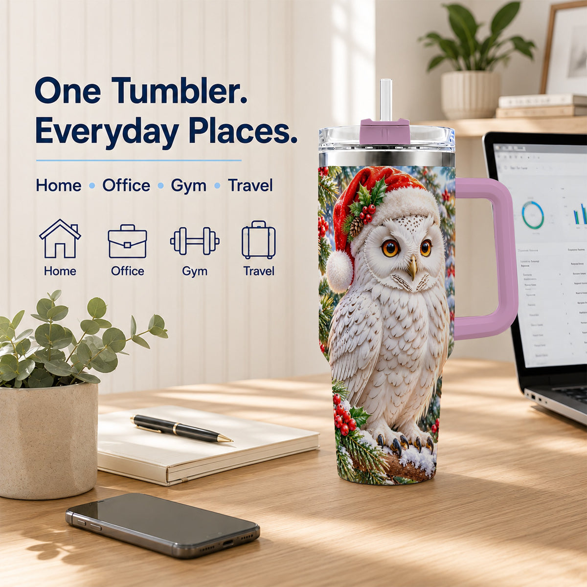 #pl[40oz|Pink] Snowy Village Owl 40oz Tumbler, Winter Tumbler, Stainless Steel Travel Cup