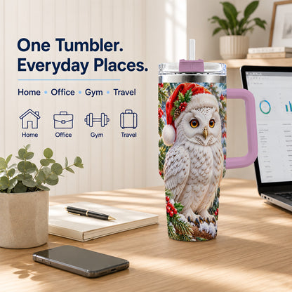 #pl[40oz|Pink] Snowy Village Owl 40oz Tumbler, Winter Tumbler, Stainless Steel Travel Cup