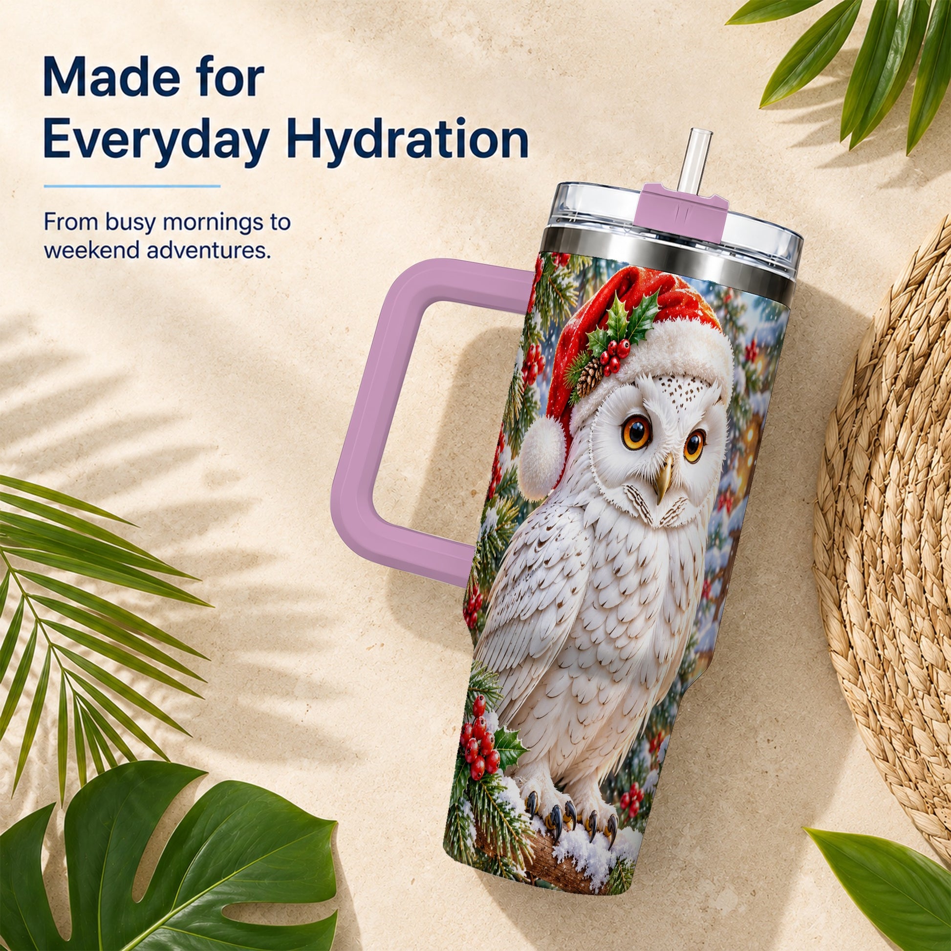 #pl[40oz|Pink] Snowy Village Owl 40oz Tumbler, Winter Tumbler, Stainless Steel Travel Cup