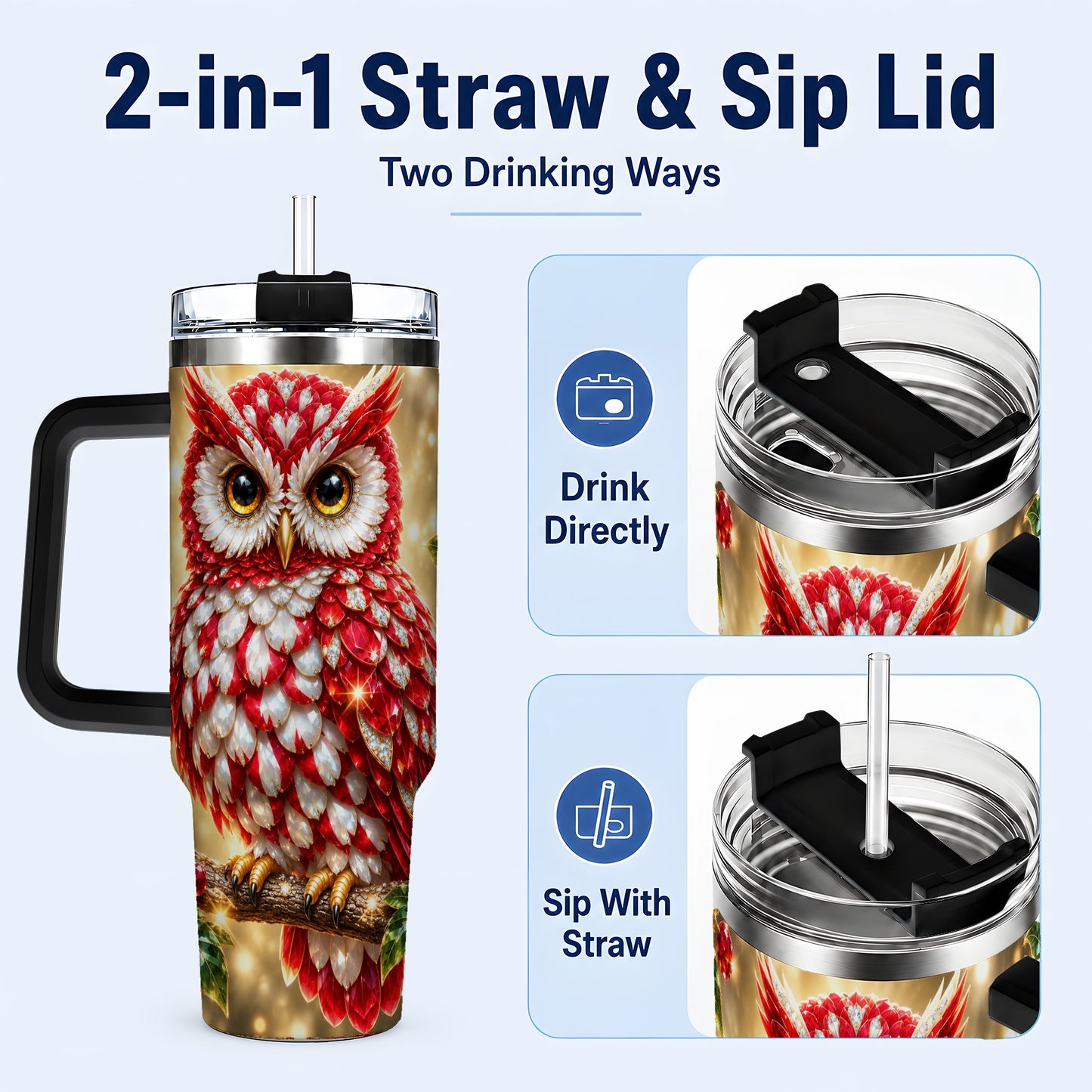 #pl[40oz|Black] Red White Gem Owl 40oz Tumbler, Berry Tumbler, Stainless Steel Travel Cup
