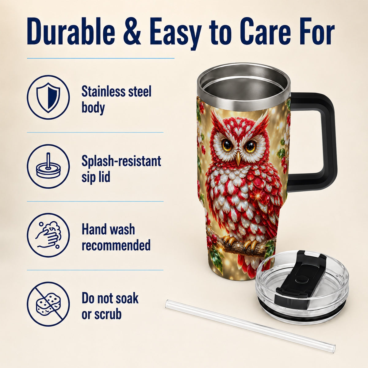 #pl[40oz|Black] Red White Gem Owl 40oz Tumbler, Berry Tumbler, Stainless Steel Travel Cup