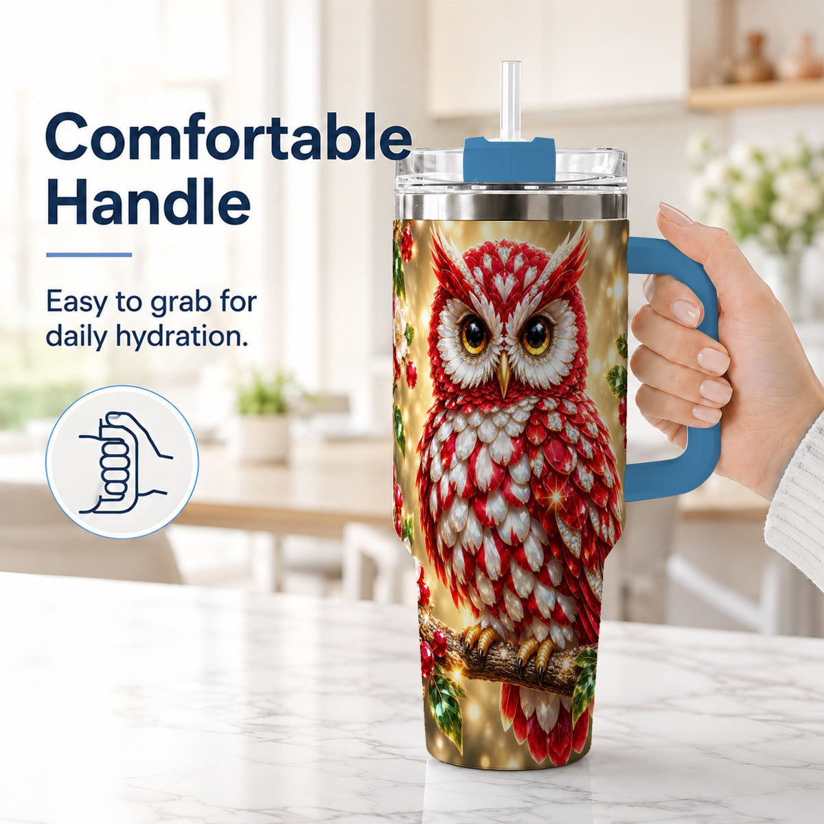 #pl[40oz|Blue] Red White Gem Owl 40oz Tumbler, Berry Tumbler, Stainless Steel Travel Cup