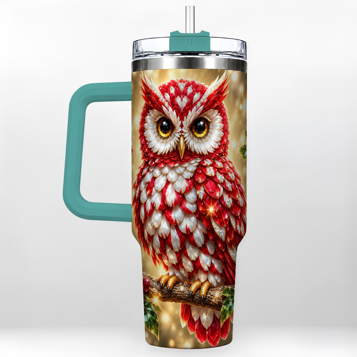 #pl[40oz|Green] Red White Gem Owl 40oz Tumbler, Berry Tumbler, Stainless Steel Travel Cup