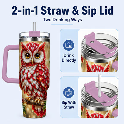 #pl[40oz|Pink] Red White Gem Owl 40oz Tumbler, Berry Tumbler, Stainless Steel Travel Cup