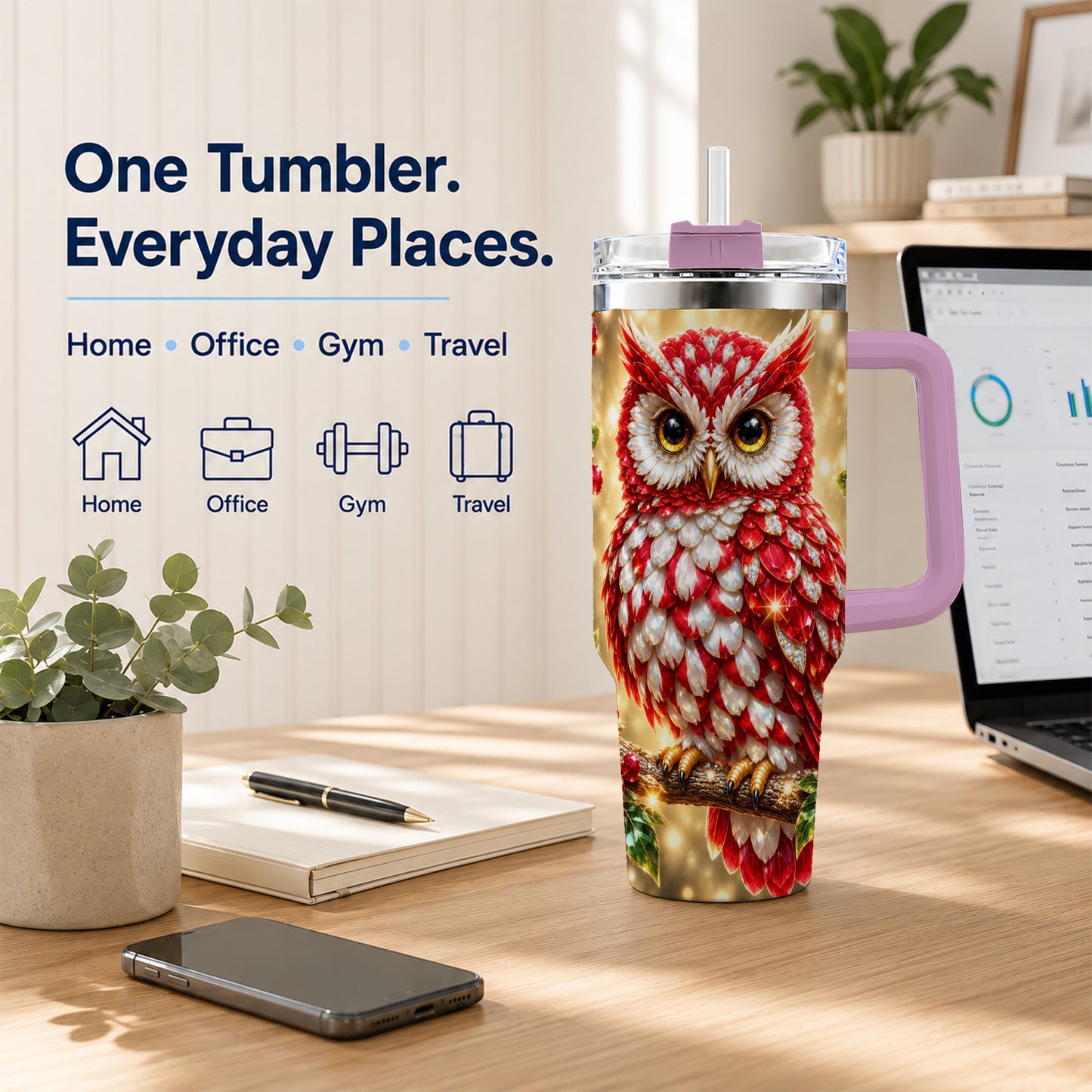 #pl[40oz|Pink] Red White Gem Owl 40oz Tumbler, Berry Tumbler, Stainless Steel Travel Cup