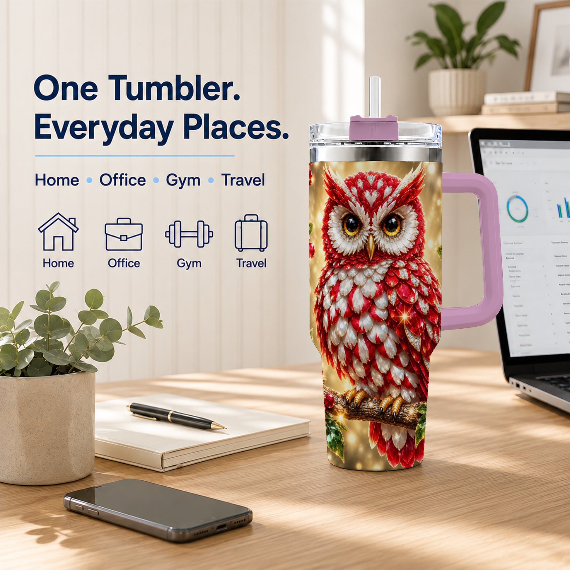 #pl[40oz|Pink] Red White Gem Owl 40oz Tumbler, Berry Tumbler, Stainless Steel Travel Cup