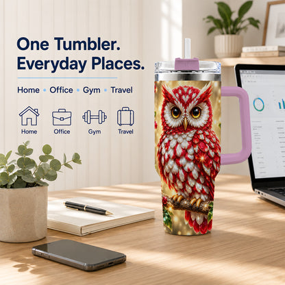 #pl[40oz|Pink] Red White Gem Owl 40oz Tumbler, Berry Tumbler, Stainless Steel Travel Cup