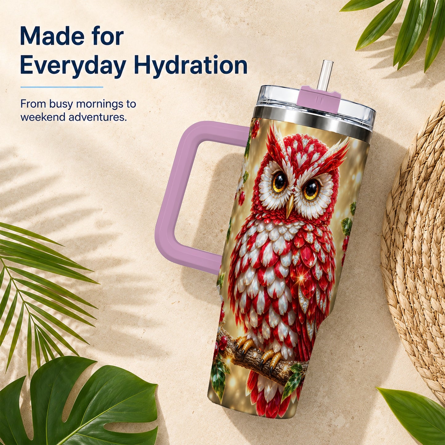 #pl[40oz|Pink] Red White Gem Owl 40oz Tumbler, Berry Tumbler, Stainless Steel Travel Cup