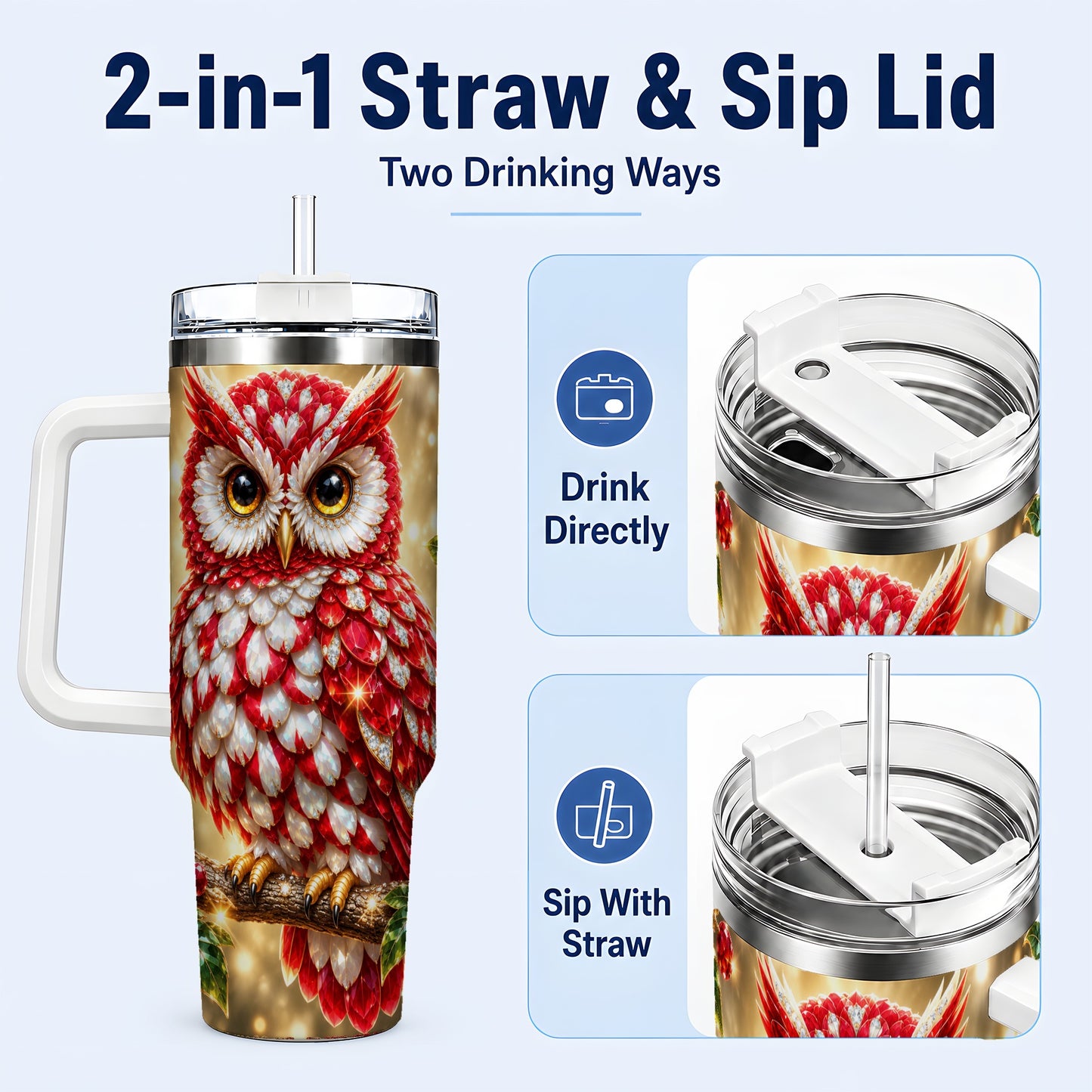 #pl[40oz|White] Red White Gem Owl 40oz Tumbler, Berry Tumbler, Stainless Steel Travel Cup
